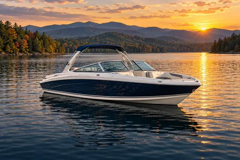 Bowrider on a Blue Ridge mountain lake at sunset
